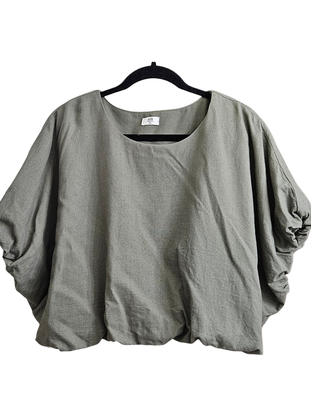 NLT No Less Than Rayon Linen Blend Cropped Boxy Bubble Top In Sage Green 1X